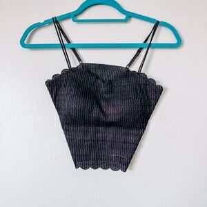 Boutique Black Ribbed Scallop Hem Crop Top O/S